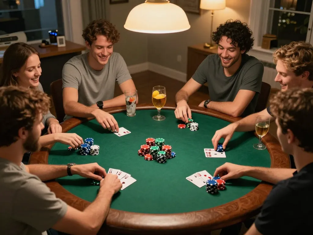 Friends enjoying a lively poker game night with chips and cards, showcasing strategy in a fun setting.