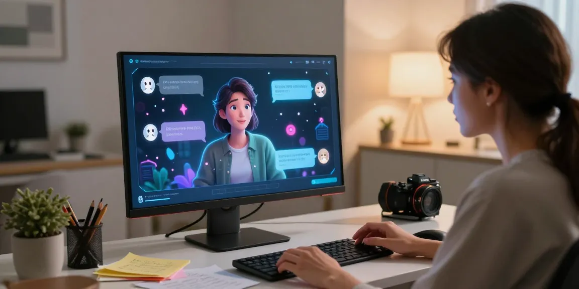 Dynamic NSFW AI chat interaction on a futuristic monitor showcasing creative engagement and animated characters.