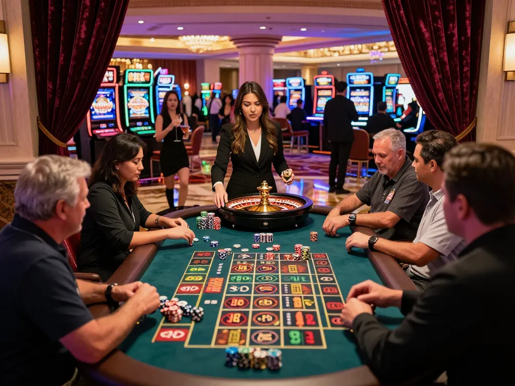 Engaged players placing bets at a roulette table in the lively CM88 Las Vegas casino