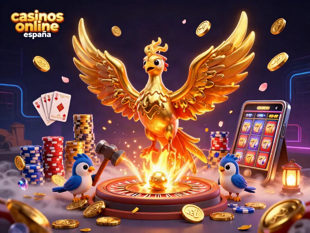 Revive la emoción de los casinos online España con esta ilustración de un fénix dorado llevando monedas mientras juega al blackjack.