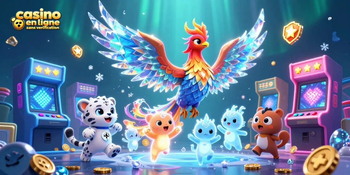 Jouer au casino en ligne sans vérification avec une illustration dynamique montrant un phénix de glace et des éléments de jeu colorés.