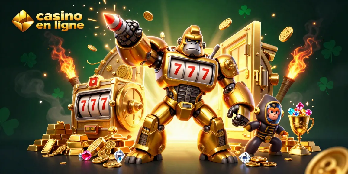Gagnez de l'argent sur un casino en ligne interactif avec un gorille robot en or.