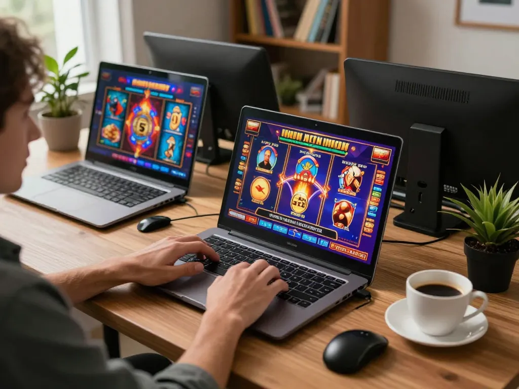 Engaging in bandar99 online slots with vibrant graphics on laptop at home, showcasing responsible gaming.