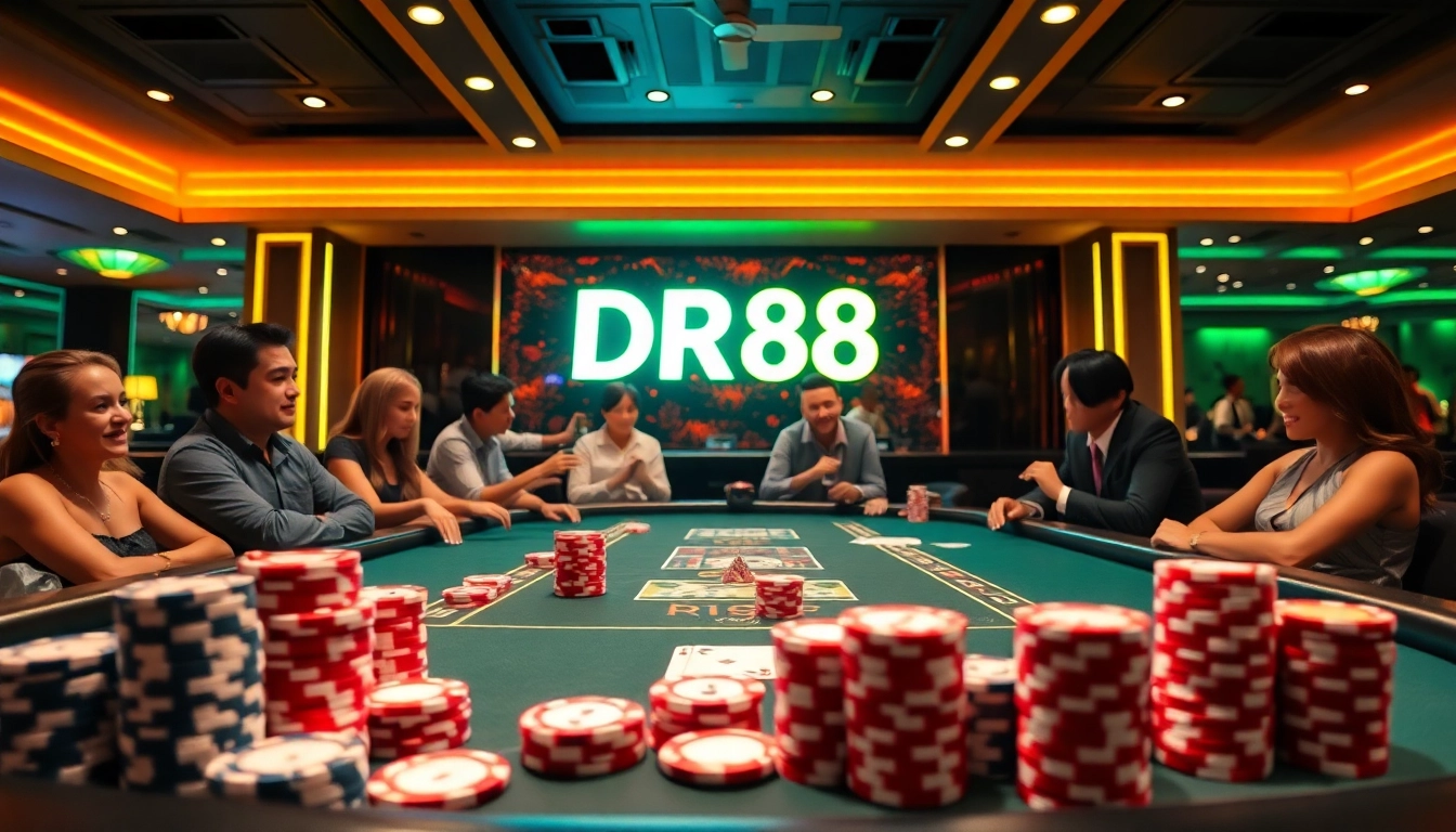 Experience high-stakes action at the DR88 poker table with vibrant ambiance and excited players.