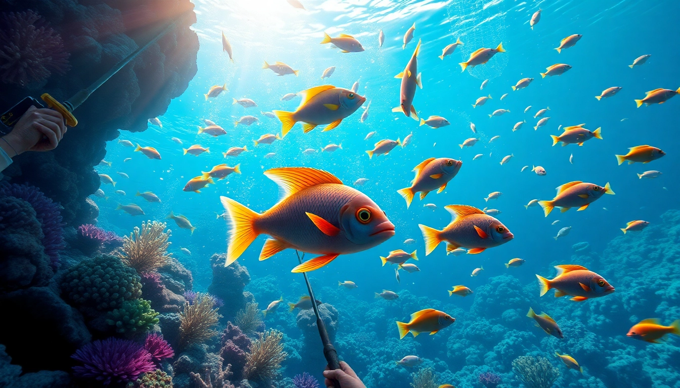 Bắn cá đổi thưởng interface with colorful aquatic life showcasing vibrant underwater gaming excitement.