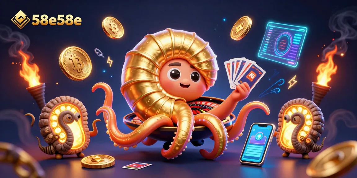Engage in thrilling gaming at 58e58e with a vibrant crypto casino illustration featuring roulette and cards.