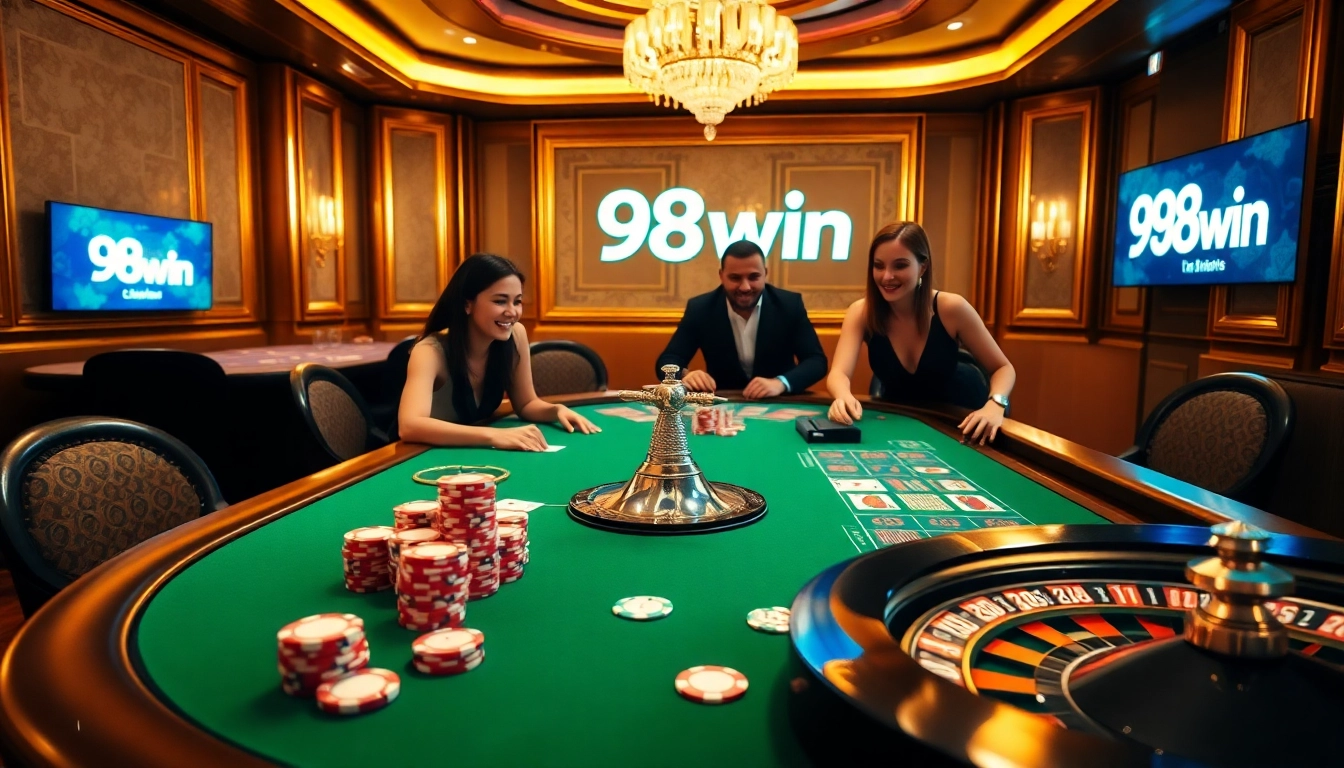 Players enjoying a thrilling poker game at 98win, showcasing vibrant cards and winning strategies.