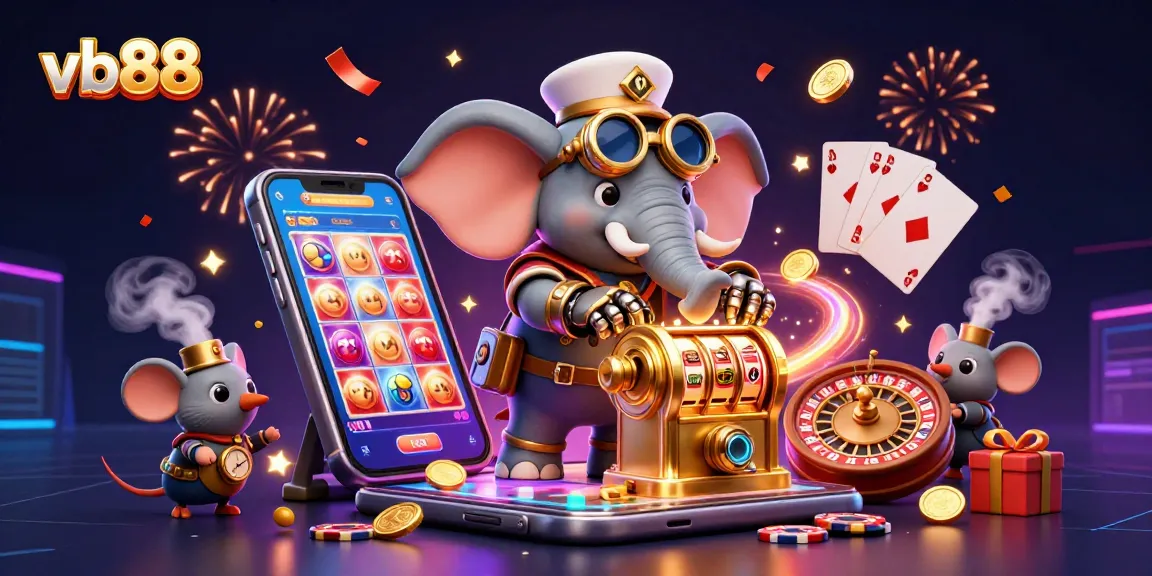 Spin the golden slot machine with vb88 featuring a steampunk elephant engineer in a vibrant casino scene.