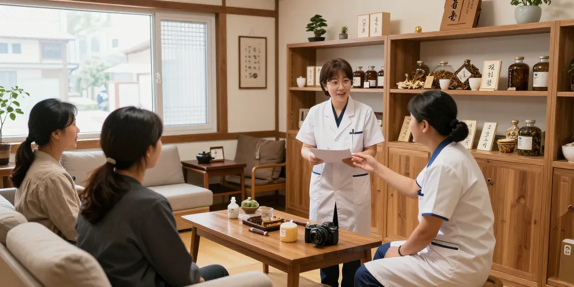Engaging staff at 수원한의원 discussing patient treatment amidst herbal remedies and warm decor.