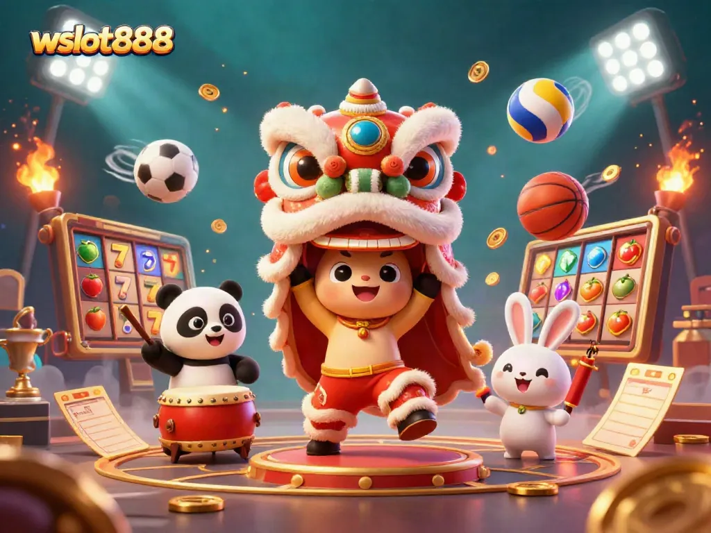 Menangkan jackpot di wslot888 dengan karakter singa, panda, dan kelinci meriah dalam suasana permainan.