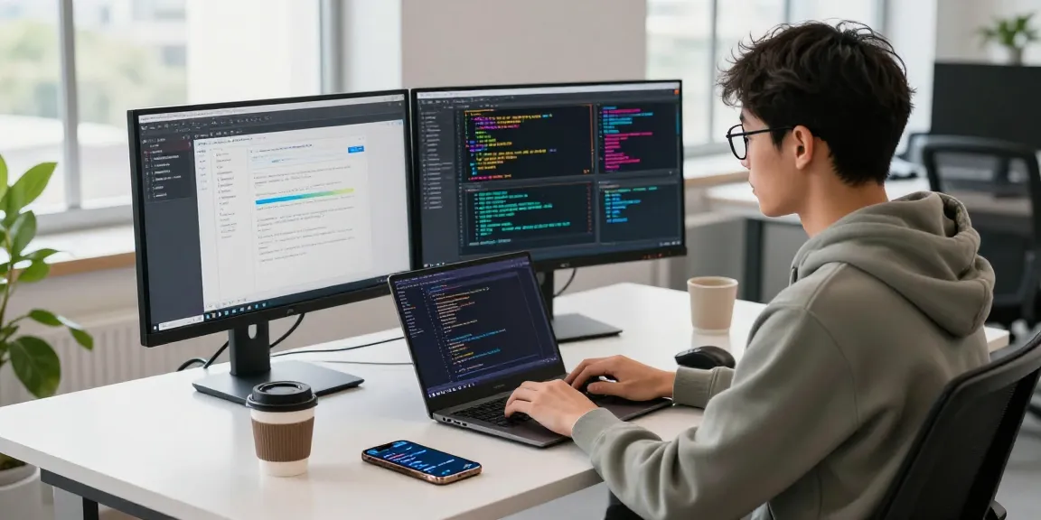 Dynamic tech workspace showcasing WhatsApp下載 development with screens, code, and modern elements.