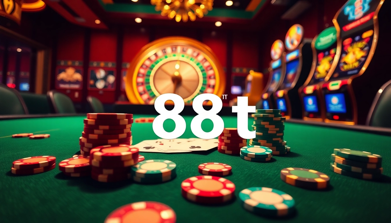 Experience thrill at a luxurious casino with an exciting 88t poker table and vibrant gaming props.