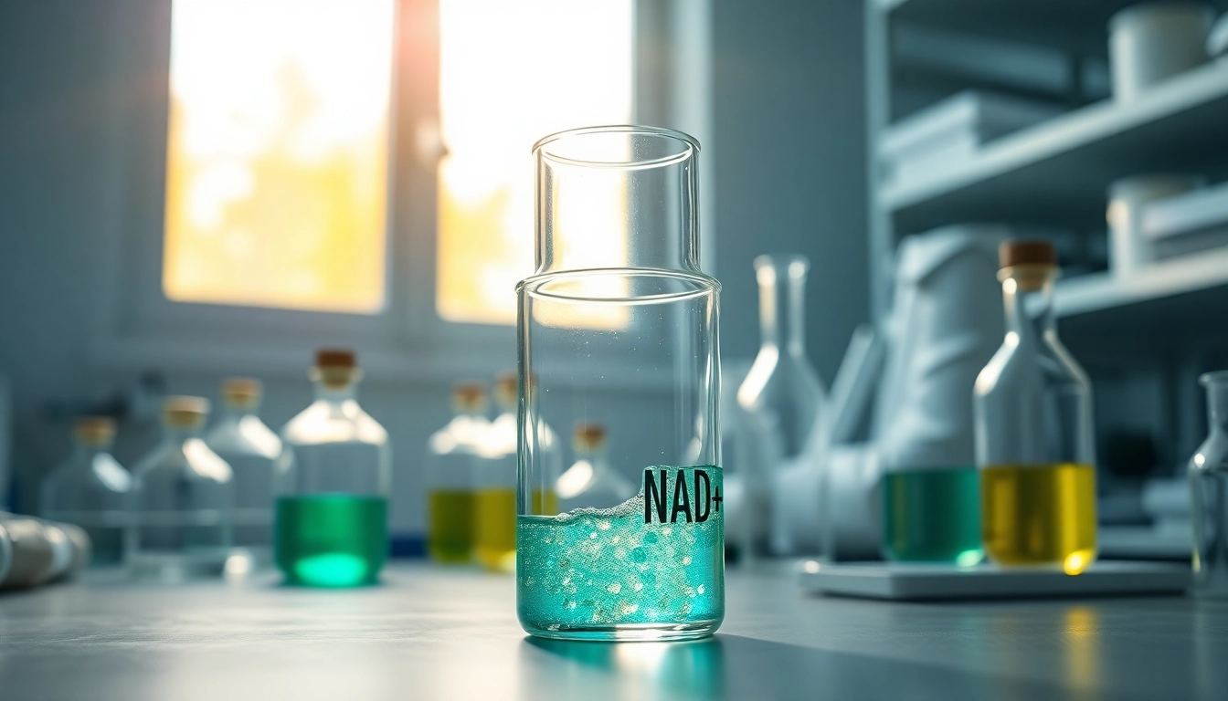 Researching NAD+ in a professional lab setting with glowing solutions and equipment.