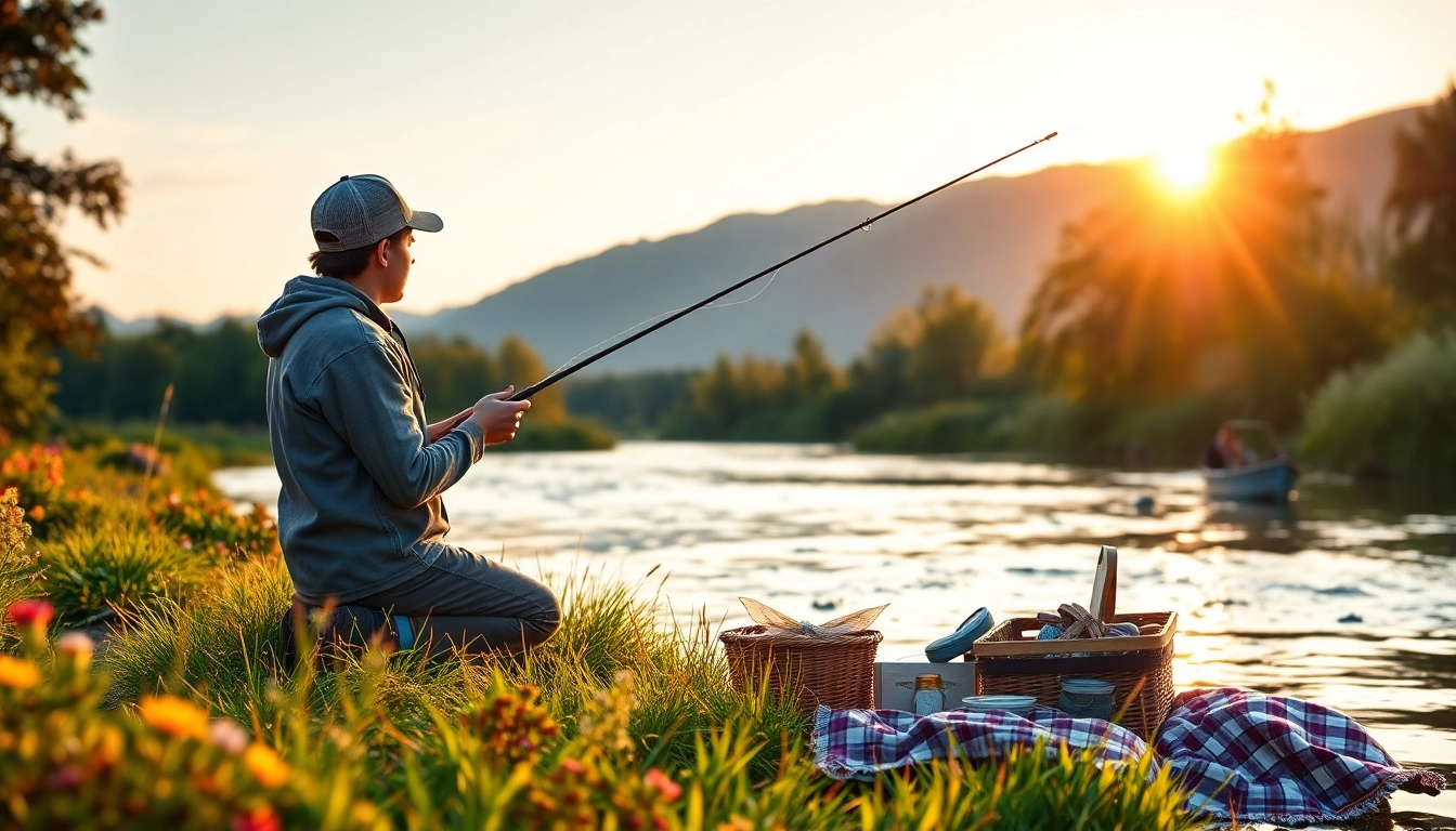 Fisherman casting on the riverbank surrounded by nature showcasing fly fishing gifts.