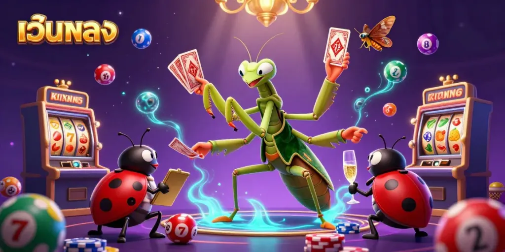 Engaging scene with a giant praying mantis dealer and ladybug pit boss at a เว็บตรง casino, set against vibrant gaming elements.