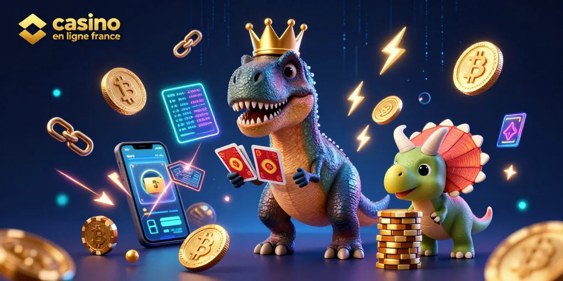 Créez des gains dans un casino en ligne France avec une illustration 3D de dinosaures jouant aux cartes.