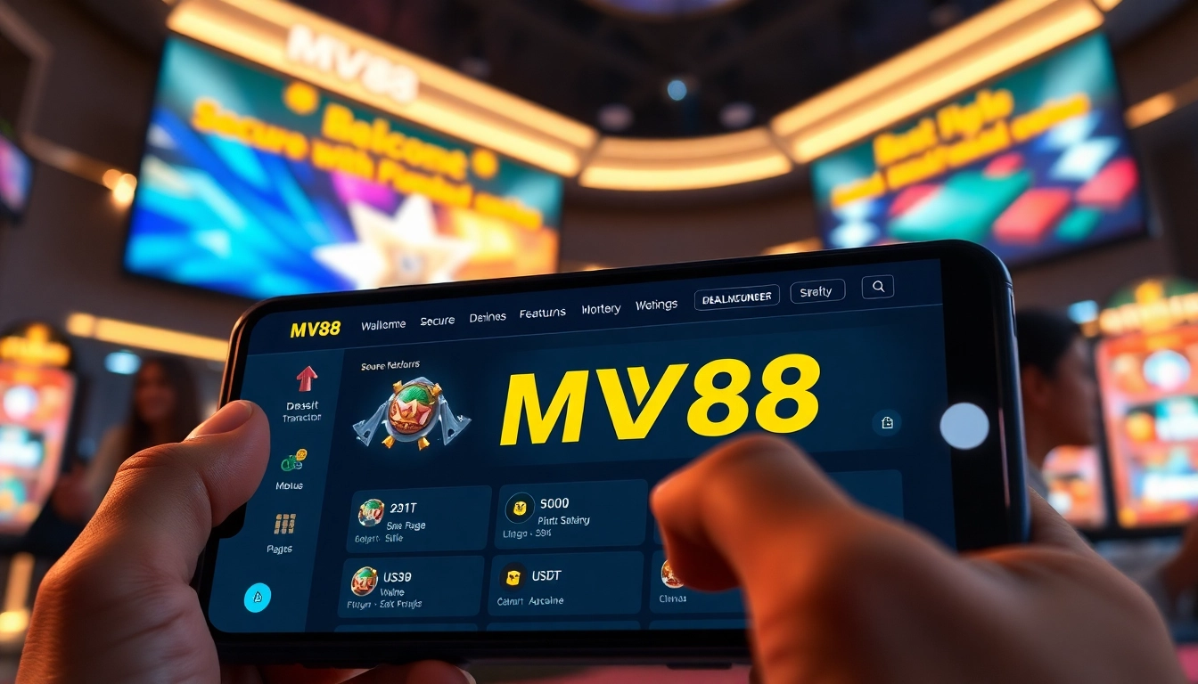 MV88 platform interface showcasing secure transactions and vibrant promotions for online gaming.