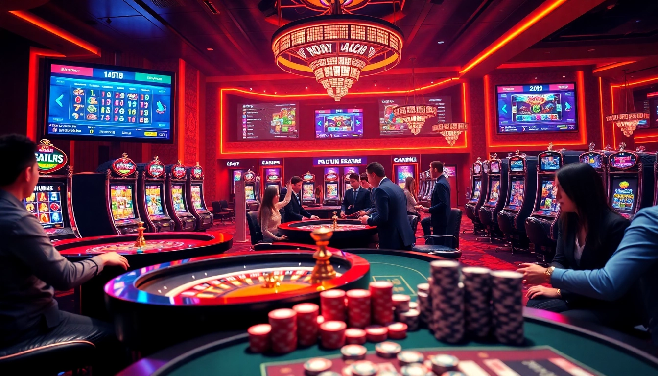 A lively gambling scene at Nhà cái Hi88 showcasing roulette, poker chips, and vibrant online betting excitement.