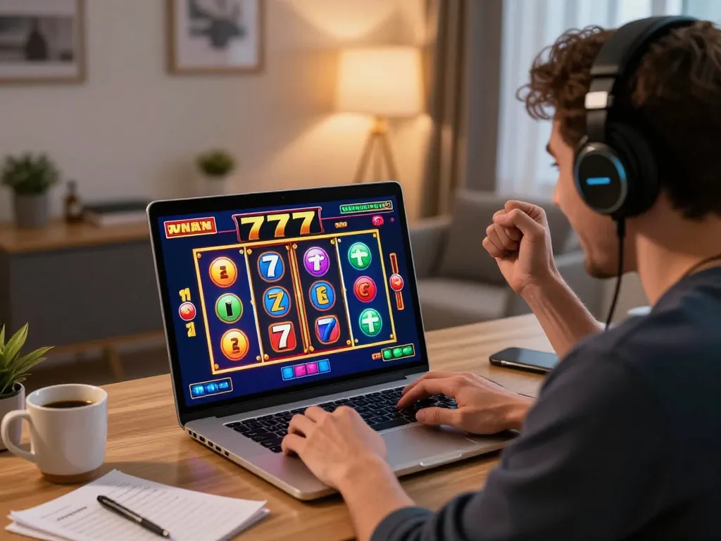 Celebrate your win on slot 777 games with an online player in a bright home office.