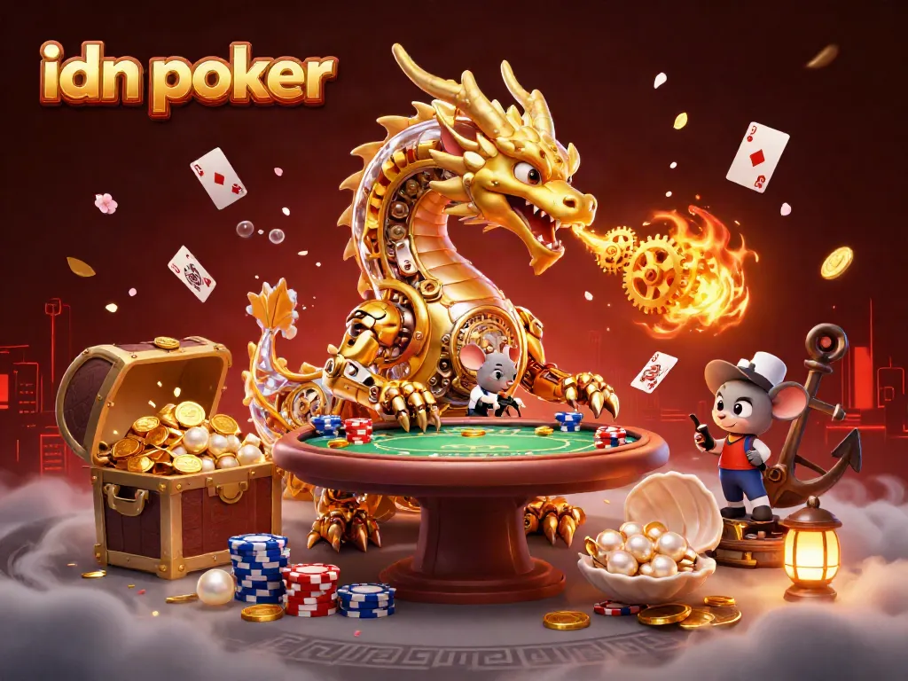 Experience the thrill of idn poker with a dynamic 3D scene featuring a golden dragon and poker elements.