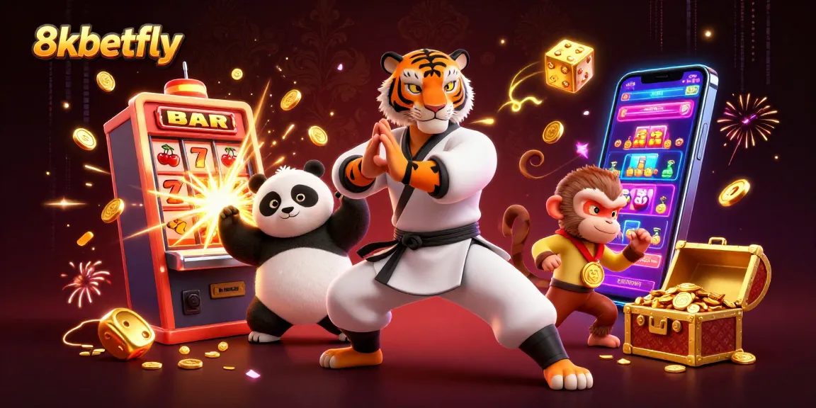 Experience thrilling gameplay with 8xbetfly as the kung fu tiger master performs a winning crane stance surrounded by casino treasures.