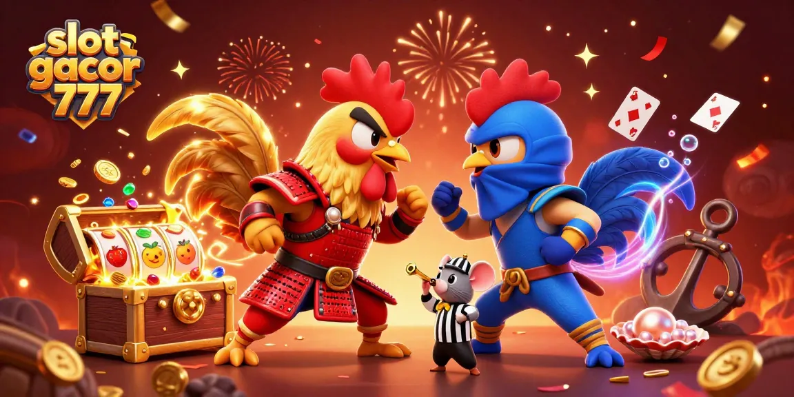 Permainan slot gacor 777 dengan duel antara ayam jantan samurai merah dan ninja biru, seru dan penuh cahaya!