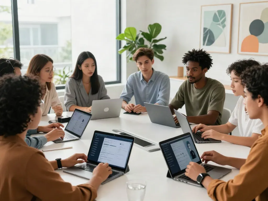 Group discussing Alternatives to QOVES beauty apps in a bright office.