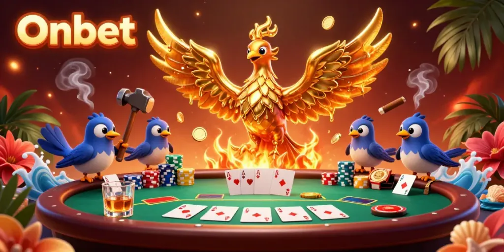Engage with Onbet at the dynamic gaming scene featuring a molten golden phoenix and rich poker elements.