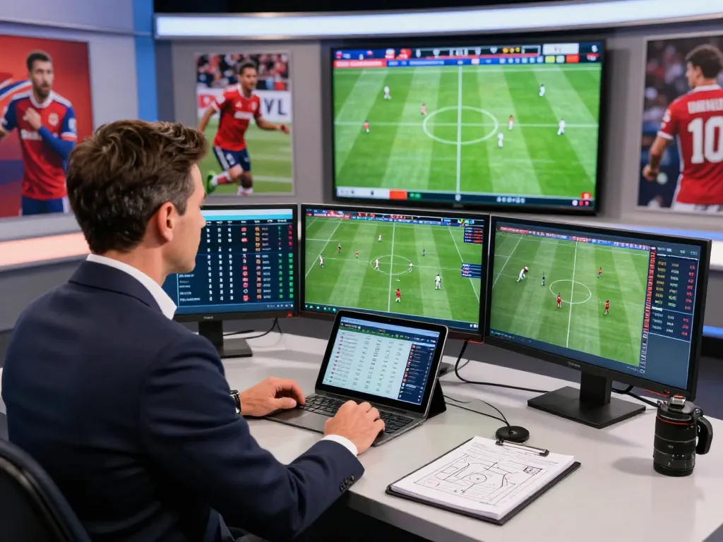 Live sports analysis featuring 7m football statistics and commentary in a modern studio.