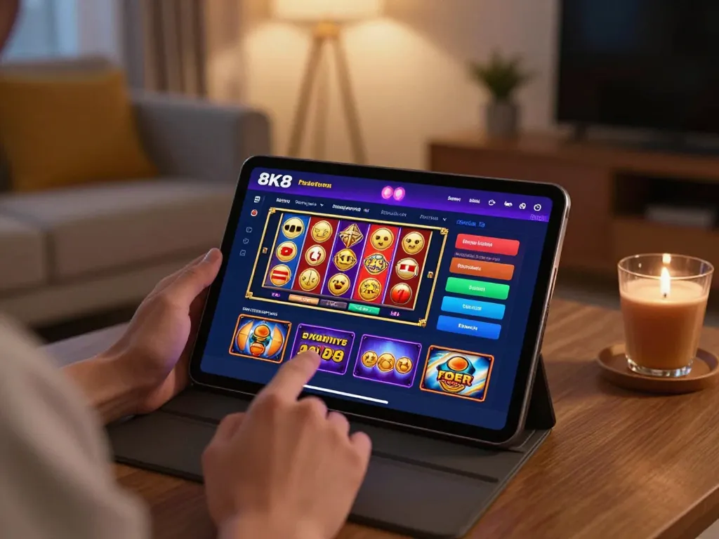 Player exploring the 8K8 casino app on a tablet while managing bets in a cozy environment