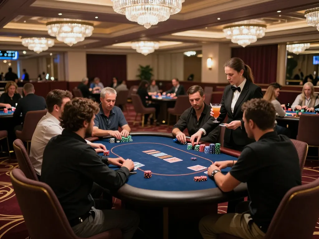Engaged players at a VIP casino poker table showcasing kong88 papillon chip stacks and intense gameplay.
