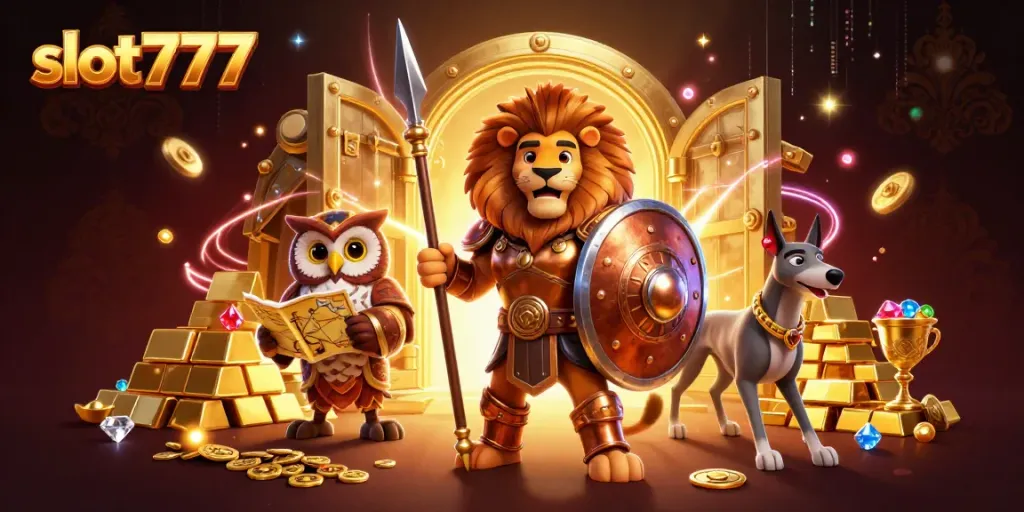 Permainan slot777 dengan karakter unik dalam ilustrasi 3D yang menampilkan keberuntungan dan kemewahan judi.