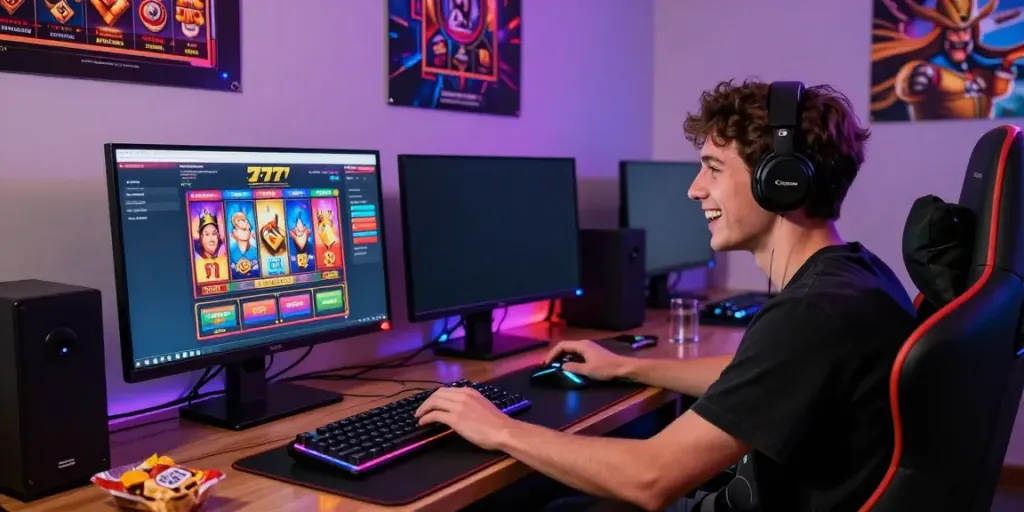 Permainan slot777 online yang menarik dengan pemain di depan layar komputer sambil menikmati pengalaman bermain judi.