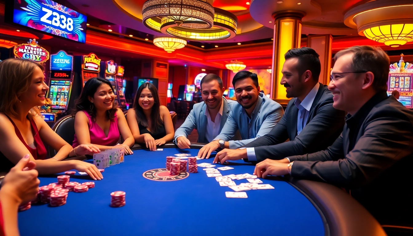 Players enjoying an exciting poker game with ZB368 branding in a luxurious casino.