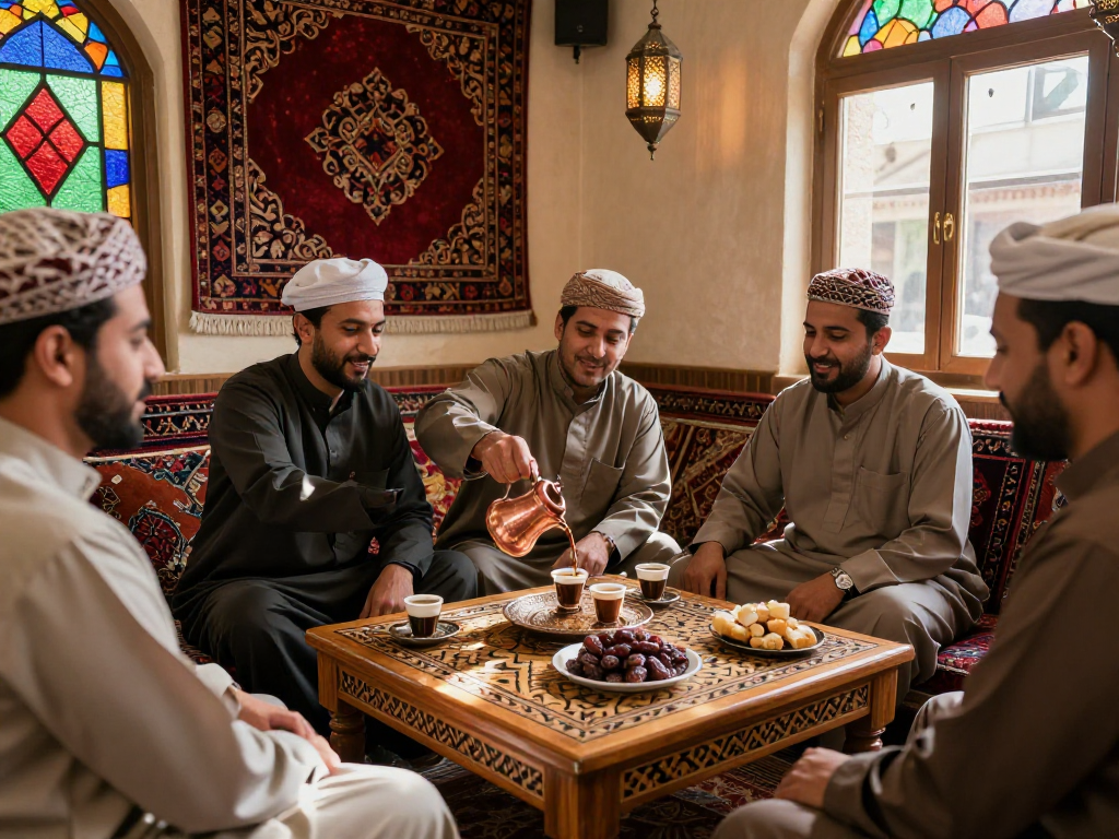 قهوجي وصبابين يقدم القهوة العربية في أجواء تقليدية دافئة