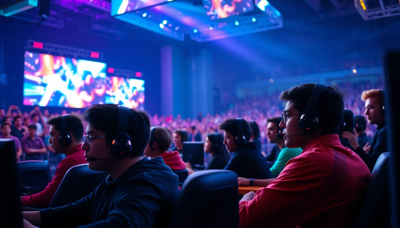 Engaged esports professionals at a vivid gaming event, highlighting https://gamelevate.com.