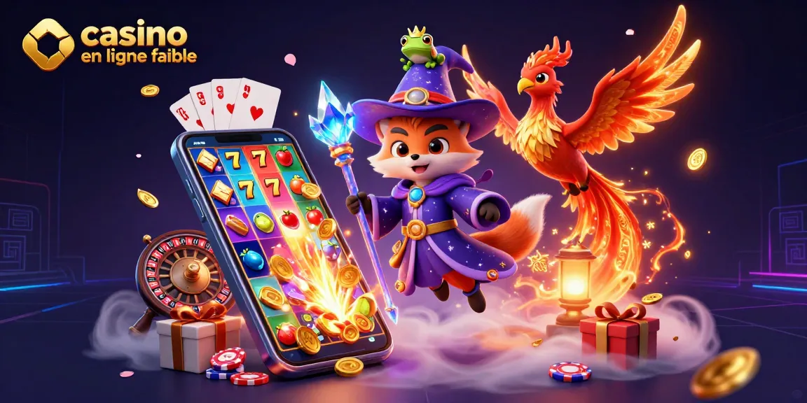 Illustration dynamique sur le thème du casino en ligne fiable, avec un renard sorcier, un phoenix, et des éléments de jeu.