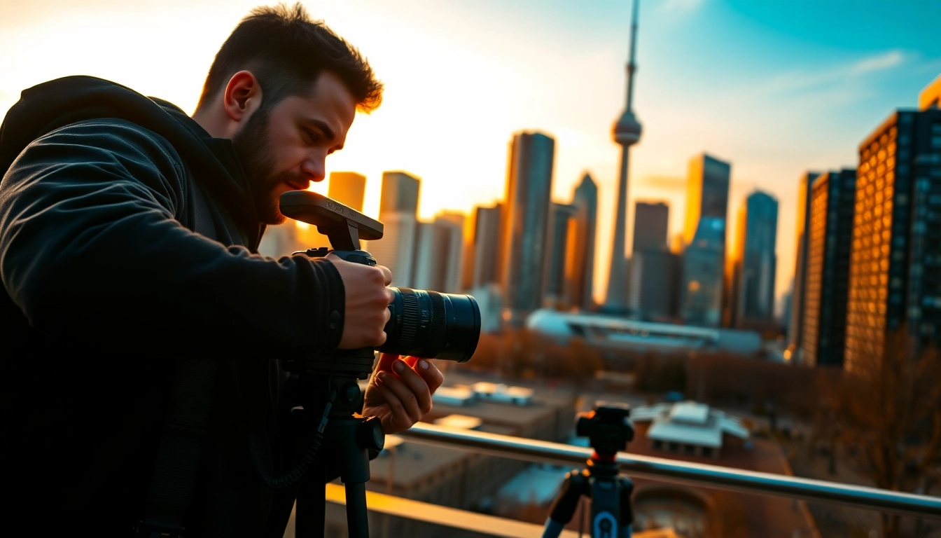 Toronto videography featuring a professional videographer capturing a cityscape at sunset.