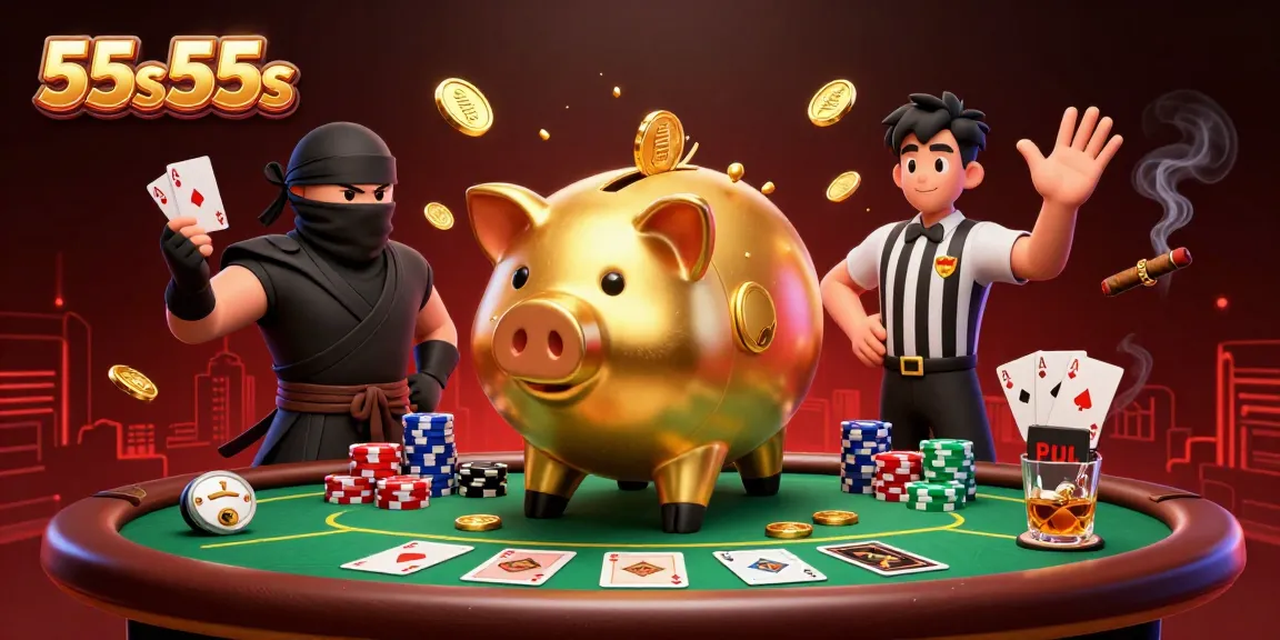 Experience the thrill of 55s55s with a dynamic scene of a golden piggy bank sumo wrestler in action at a poker table.