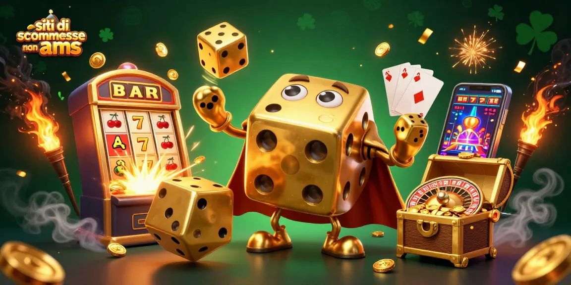 Scommetti sui siti di scommesse non AAMS con un golem di dadi d'oro e monete volanti in un'illustrazione vivace.