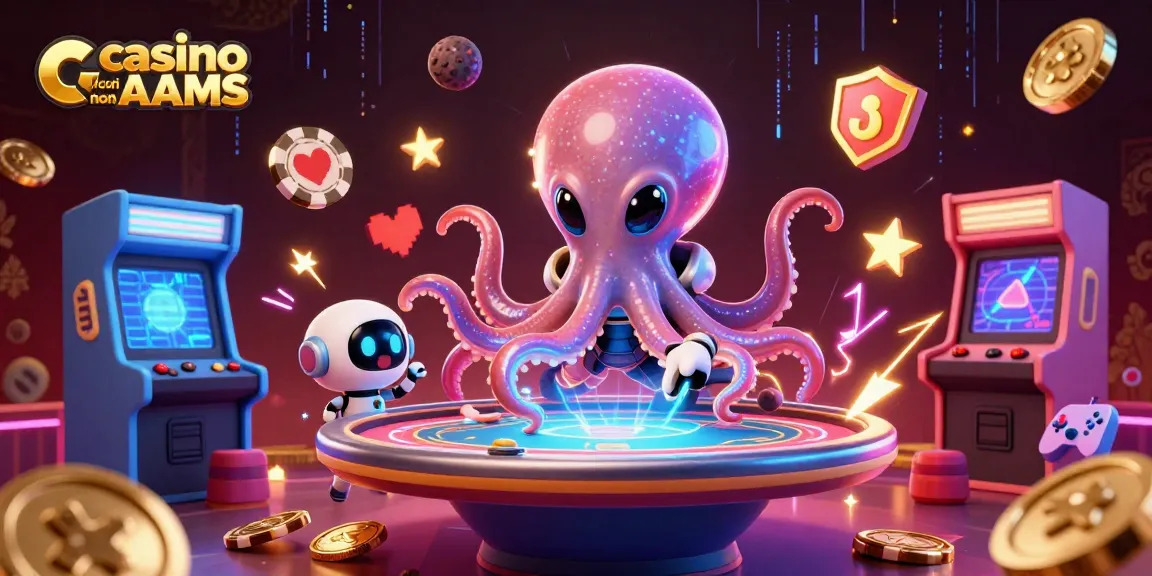 Casinò sicuri non AAMS: illustrazione vivace di un polipo alieno e un robot che giocano a poker nel loro mondo cosmico.