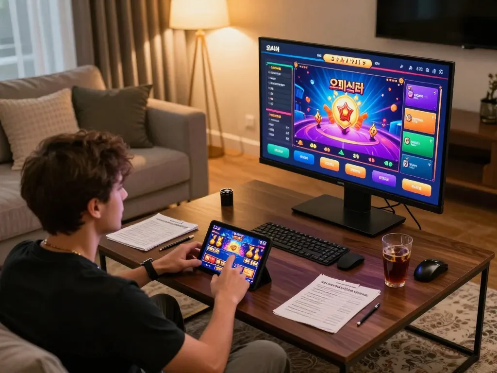 Engaging in 오피스타 online gaming experience on a smartphone amidst a cozy home setting.