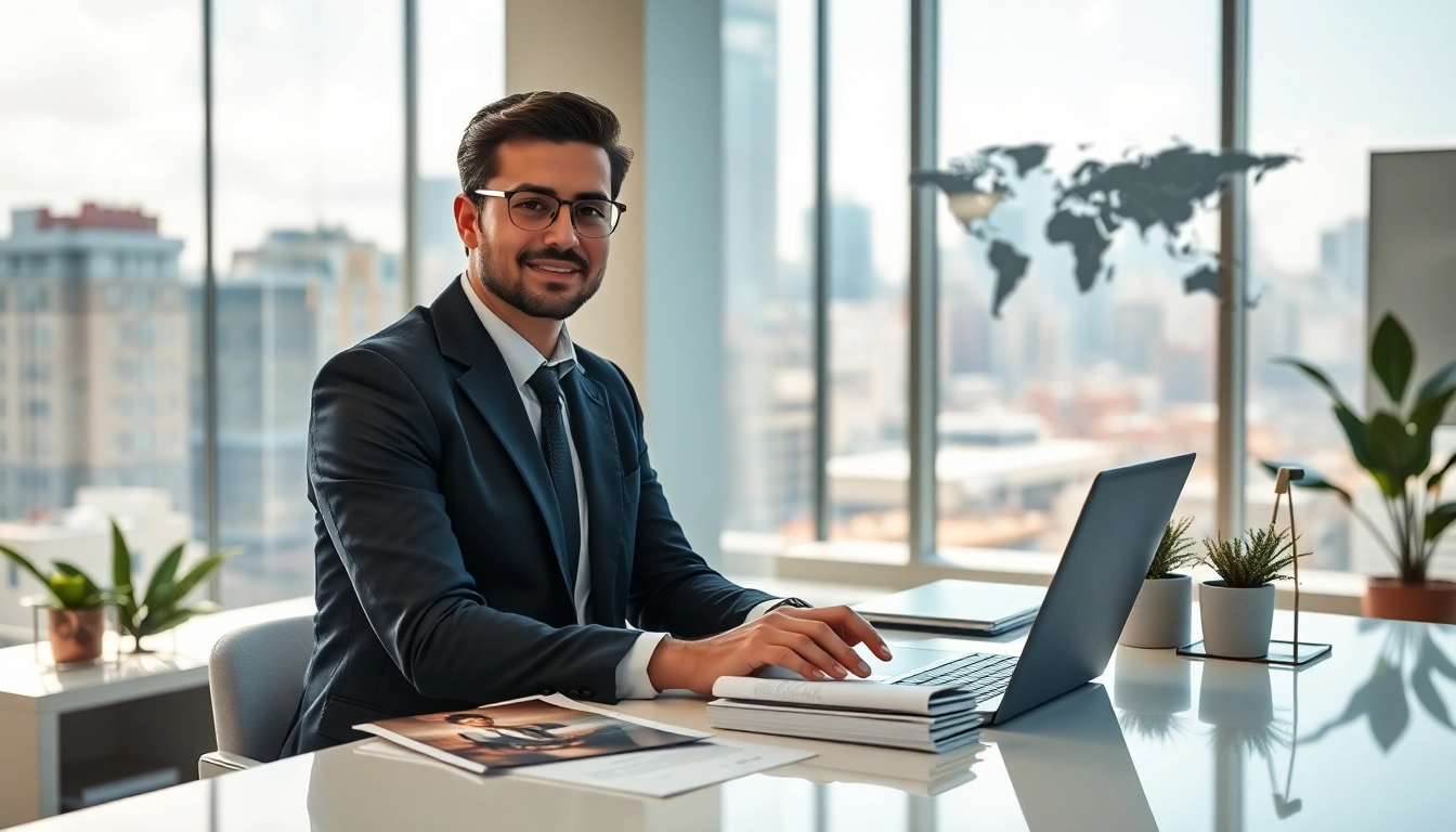 Showcasing a professional real estate agent in a modern office environment with cityscape views.