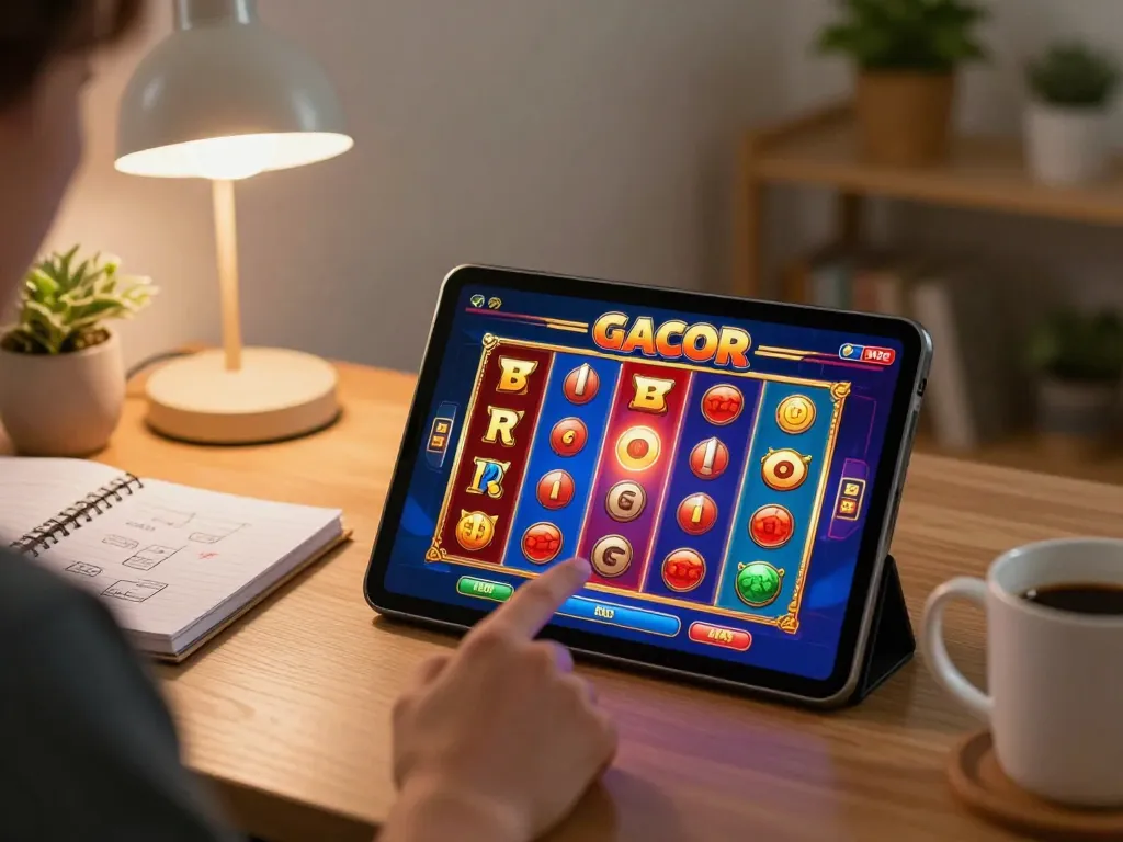 Engaging gameplay on slot gacor with colorful reels displayed on tablet screen, cozy home setting.