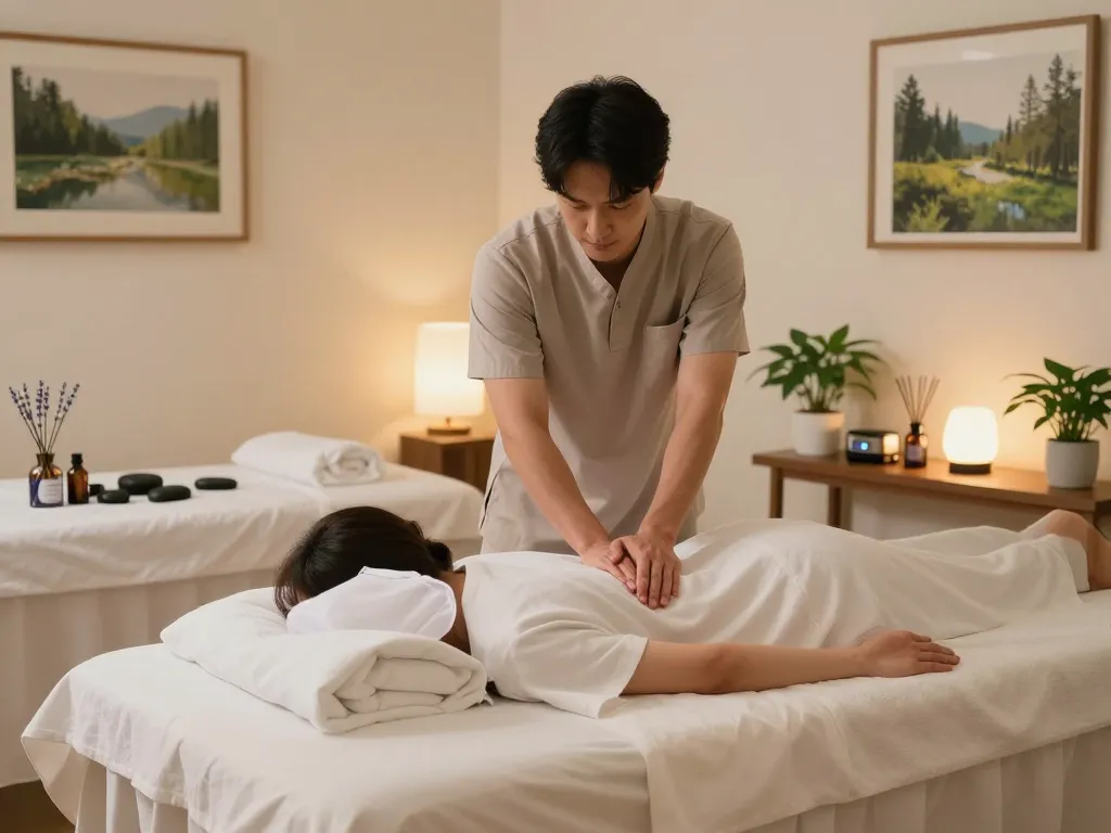 편안한 아로마 테라피와 함께하는 평온한 스파 환경에서의 릴렉싱 포항스웨디시 마사지 요법 세션.
