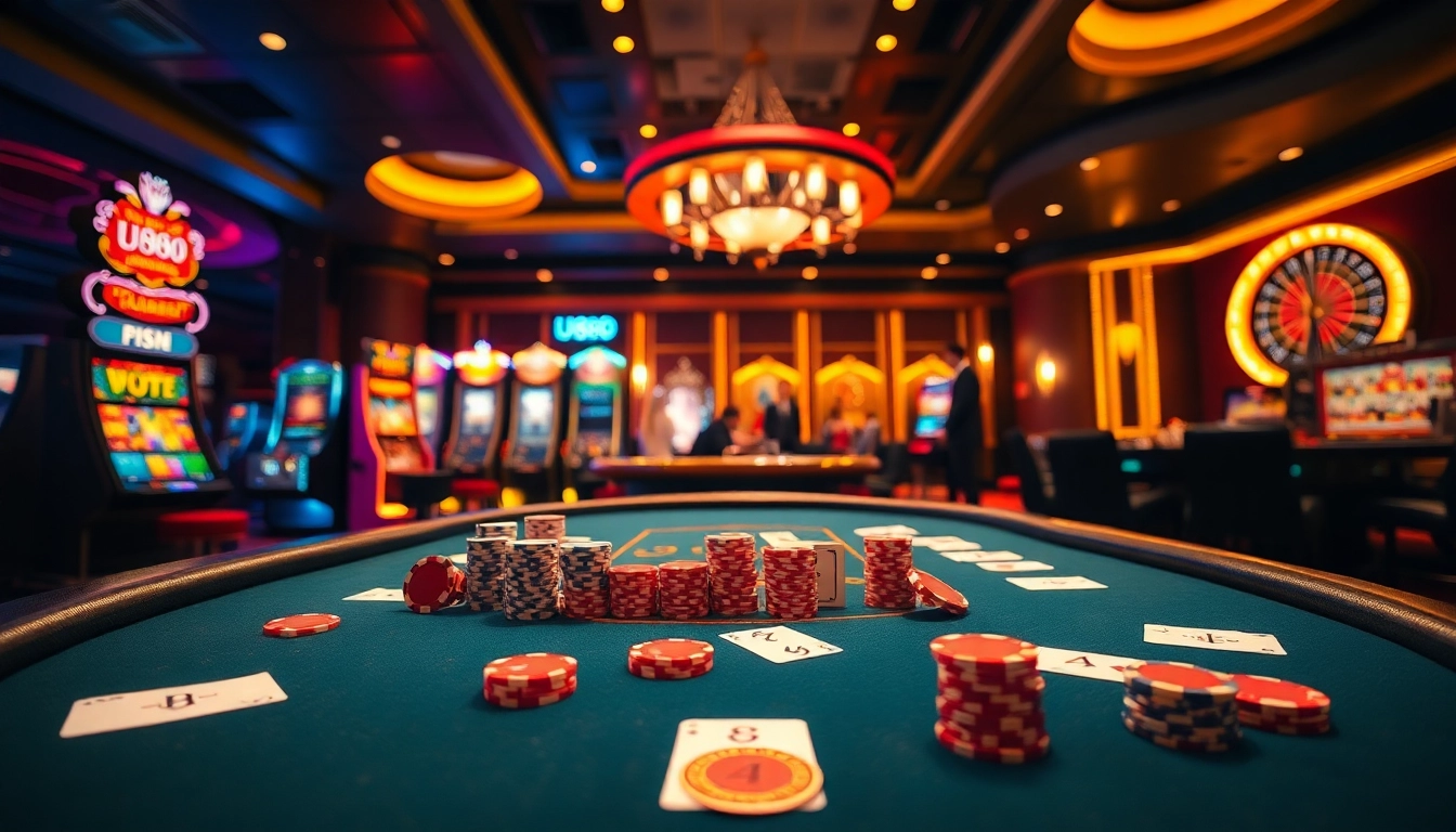 U888's exciting poker table with vibrant chips and elegant cards in a luxurious casino atmosphere.