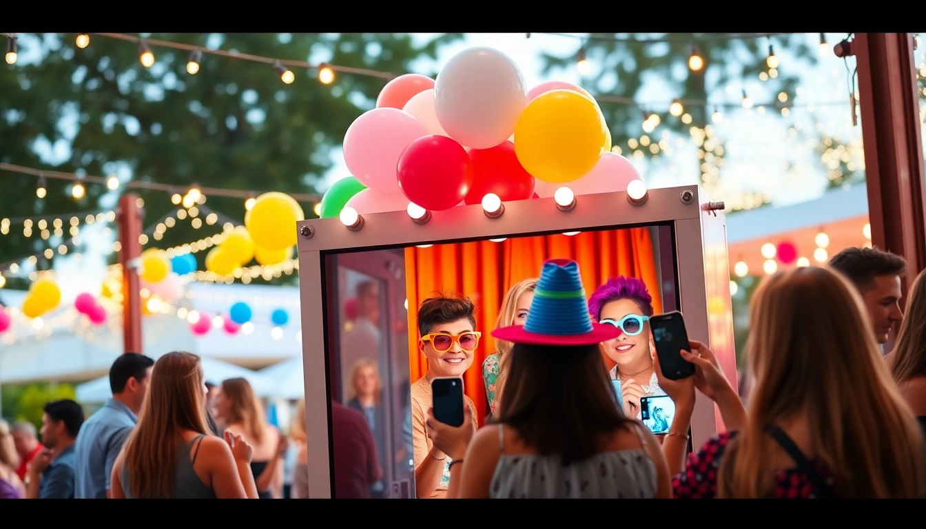 Capture the joy of a photo booth rental with festive props and vibrant decor.