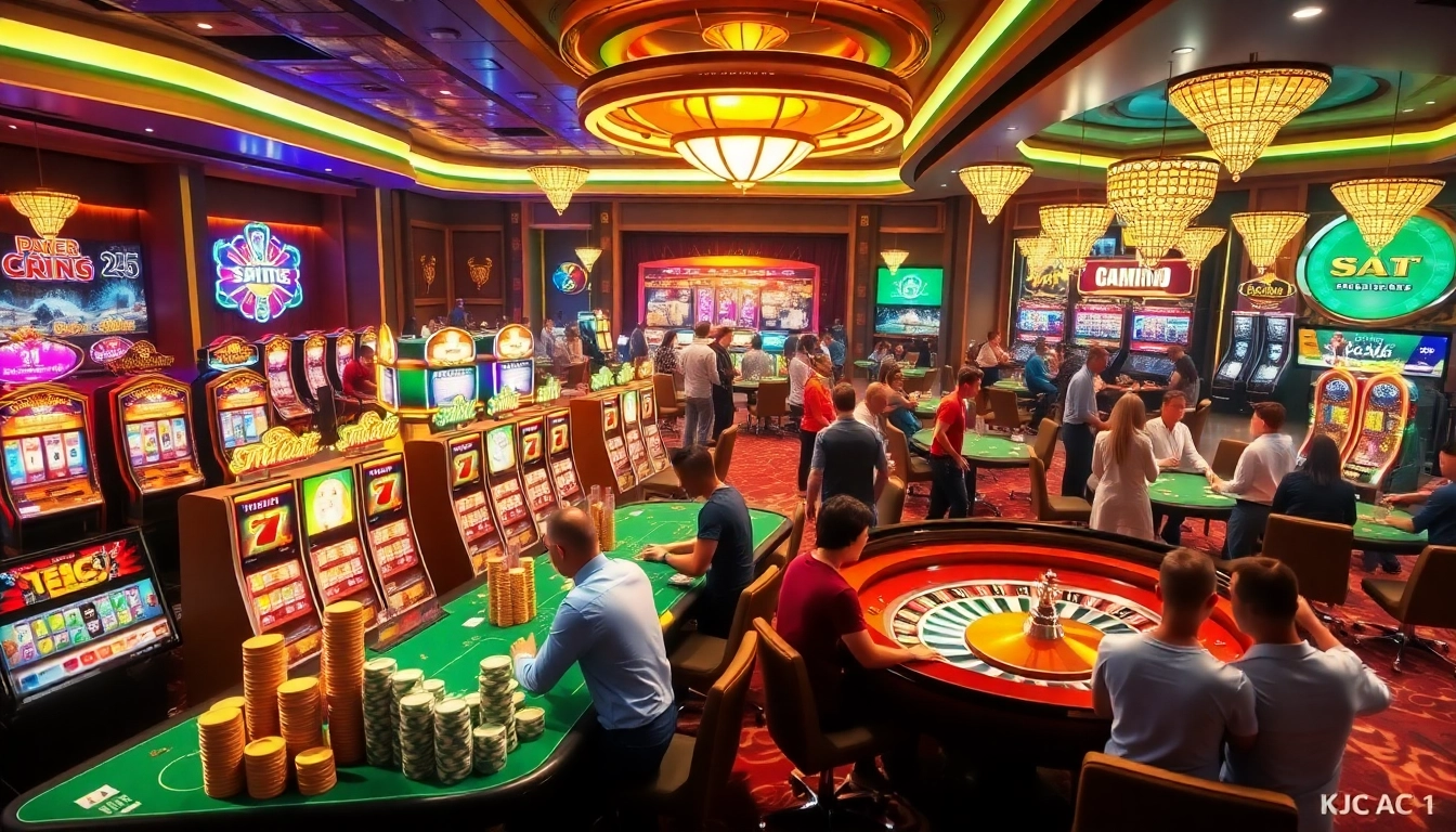 Experience the vibrant gambling world of KJC AC 1 with players enjoying casino tables and slot machines.