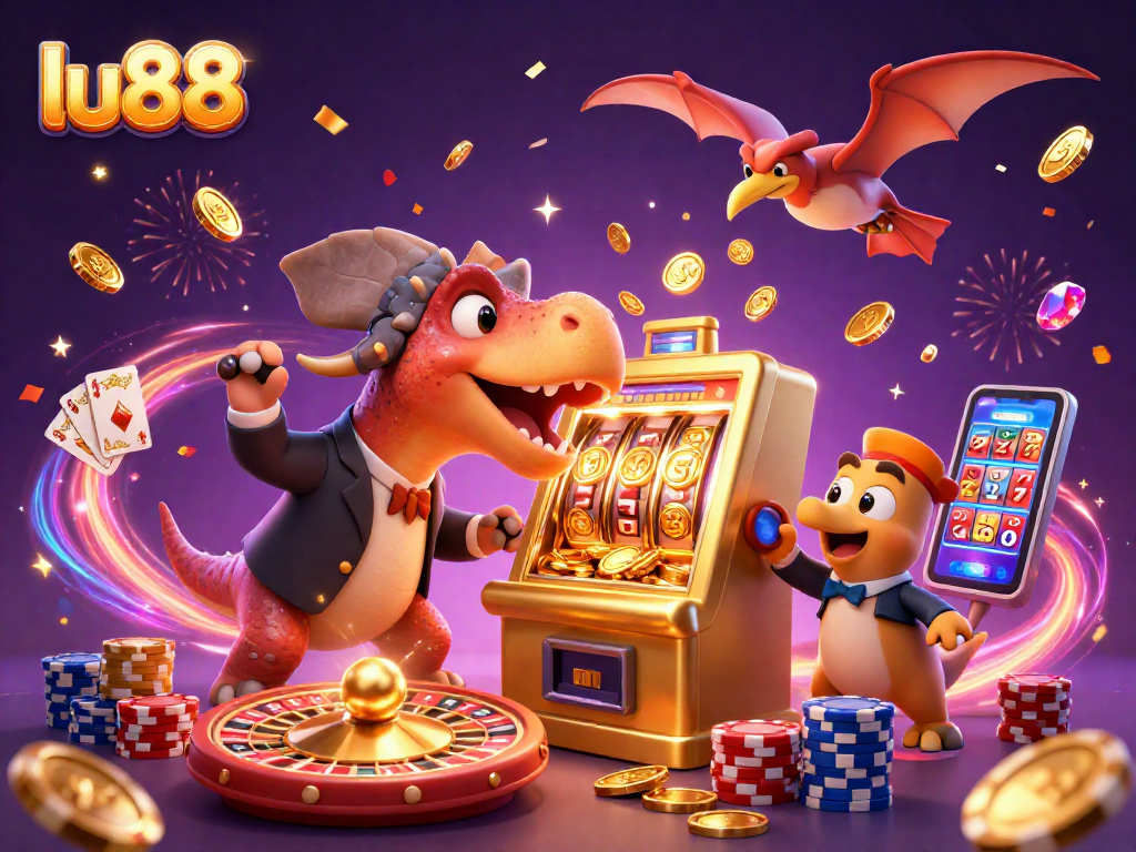 lu88 showcases a 3D pachycephalosaurus jackpot scene, engaging dynamic casino elements.