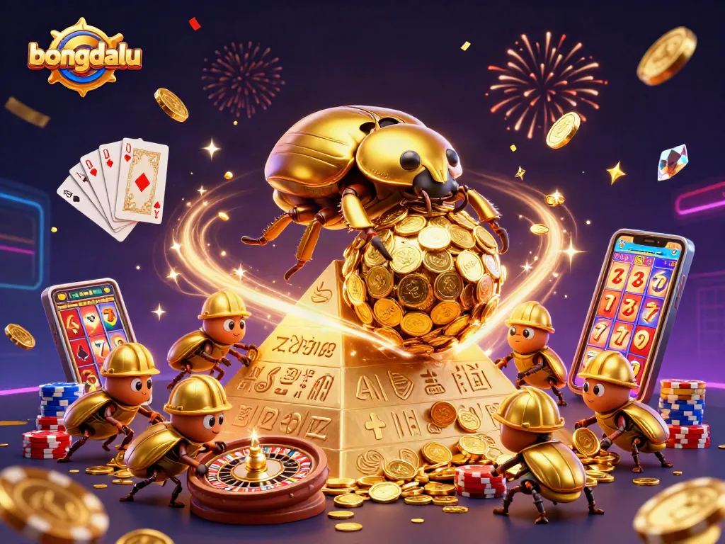 Bongdalu showcases a vibrant casino scene with a golden beetle rolling coins amid sparkling gems and festive elements.
